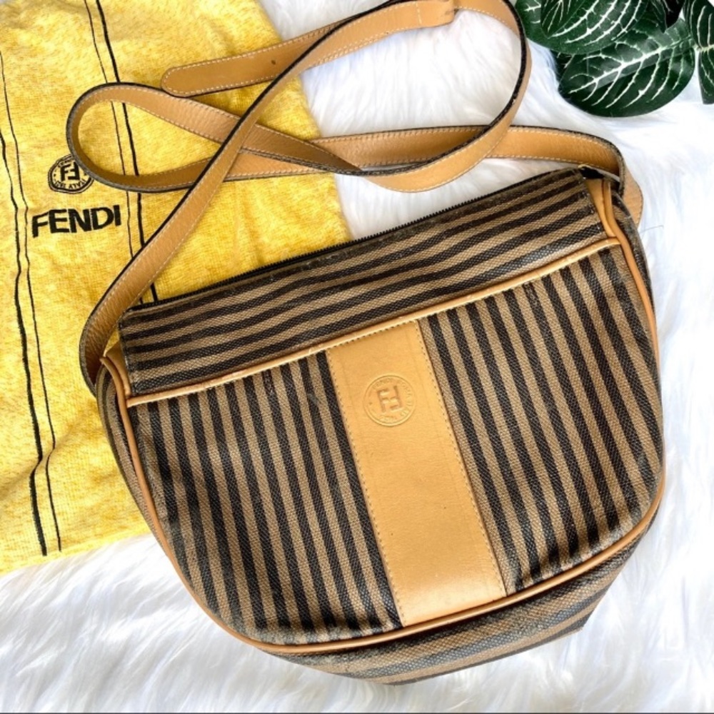 FENDI Vintage Purse Crossbody Pequin Striped Bag Genuine Real Black Tan